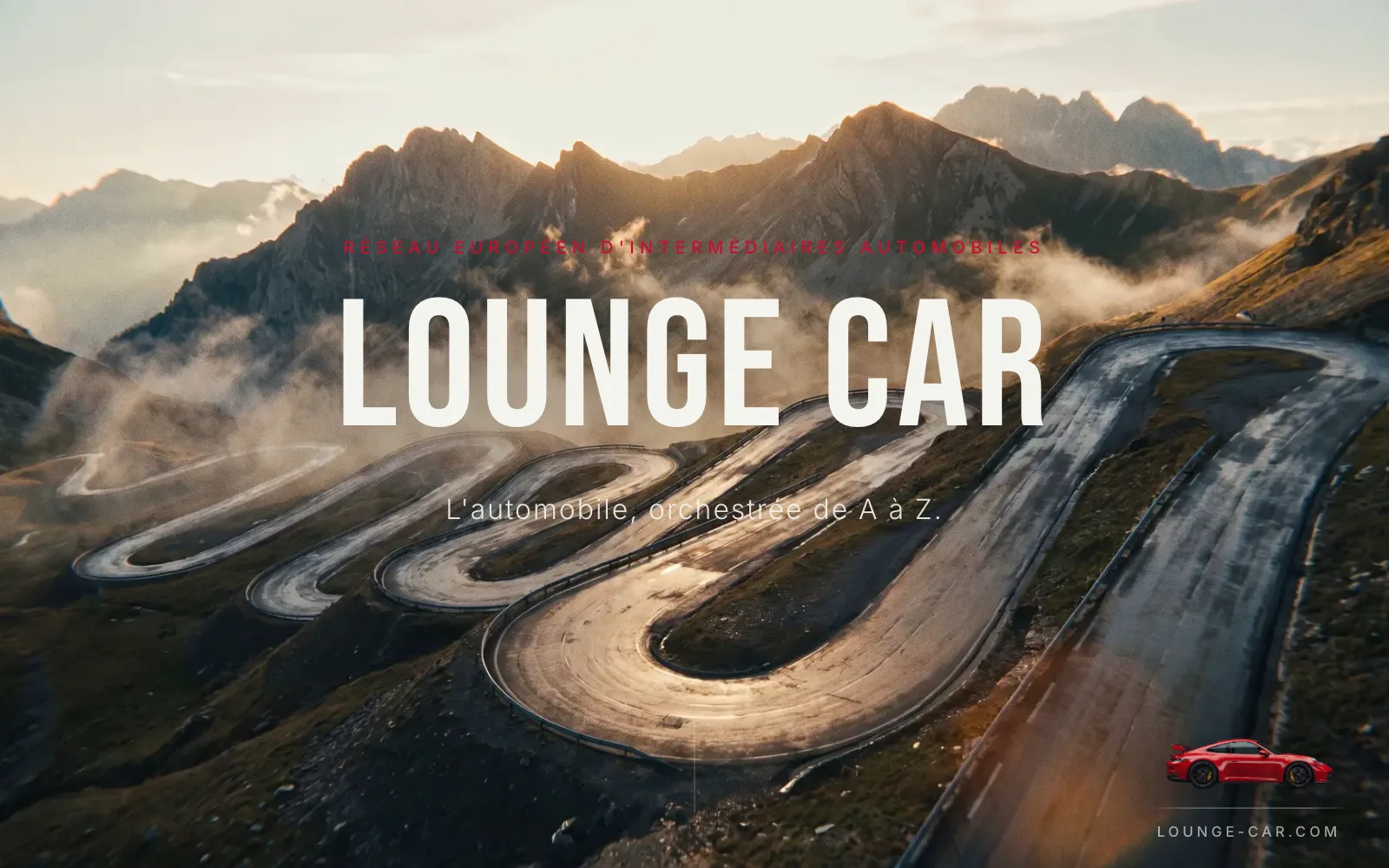 Page d'accueil du prototype Lounge Car : route de col au lever du jour, titre en pleine largeur.